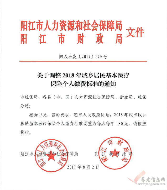 陽江市：關(guān)于調(diào)整2018年城鄉(xiāng)居民基本醫(yī)療保險(xiǎn)個(gè)人繳費(fèi)標(biāo)準(zhǔn)的通知（陽人社發(fā)[2017]179號(hào)）