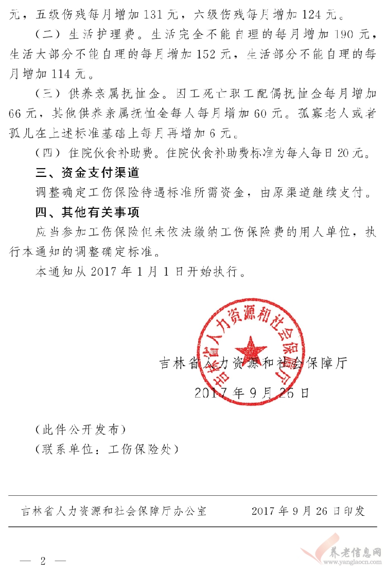 吉林省：關(guān)于調(diào)整確定工傷保險待遇標準的通知（吉人社辦字〔2017〕62號）