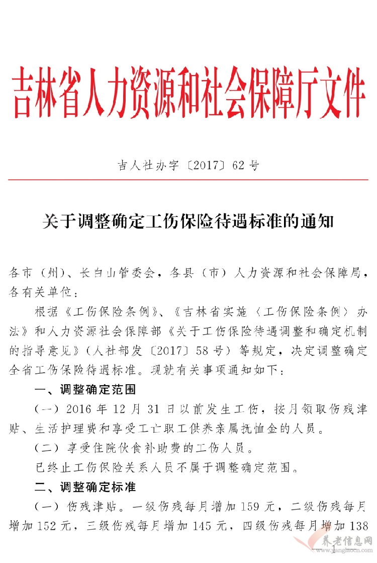 吉林?。宏P(guān)于調(diào)整確定工傷保險待遇標準的通知（吉人社辦字〔2017〕62號）