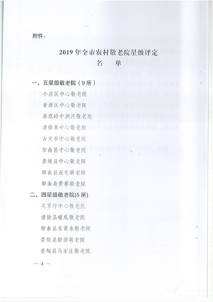 太原市民政局關(guān)于2019年全市農(nóng)村敬老院星級評定情況的通報