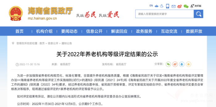 2022年度海南省養(yǎng)老機構(gòu)等級評定結(jié)果一覽表